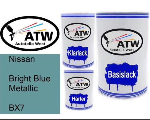 Nissan, Bright Blue Metallic, BX7: 500ml Lackdose + 500ml Klarlack + 250ml Härter - Set, von ATW Autoteile West.